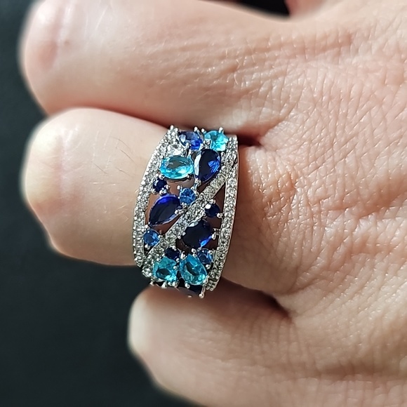 Sapphire & aquamarine ring sz 7 - Picture 2 of 6